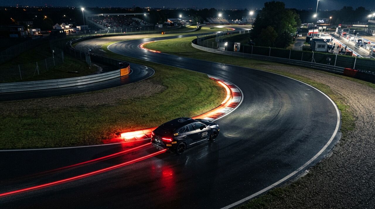 Lamborghini Urus escuro numa curva de pista à noite, deixando um rastro de luz vermelha