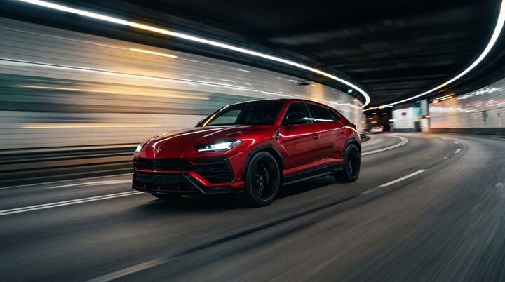 Lamborghini Urus vermelho em movimento dentro de um túnel iluminado